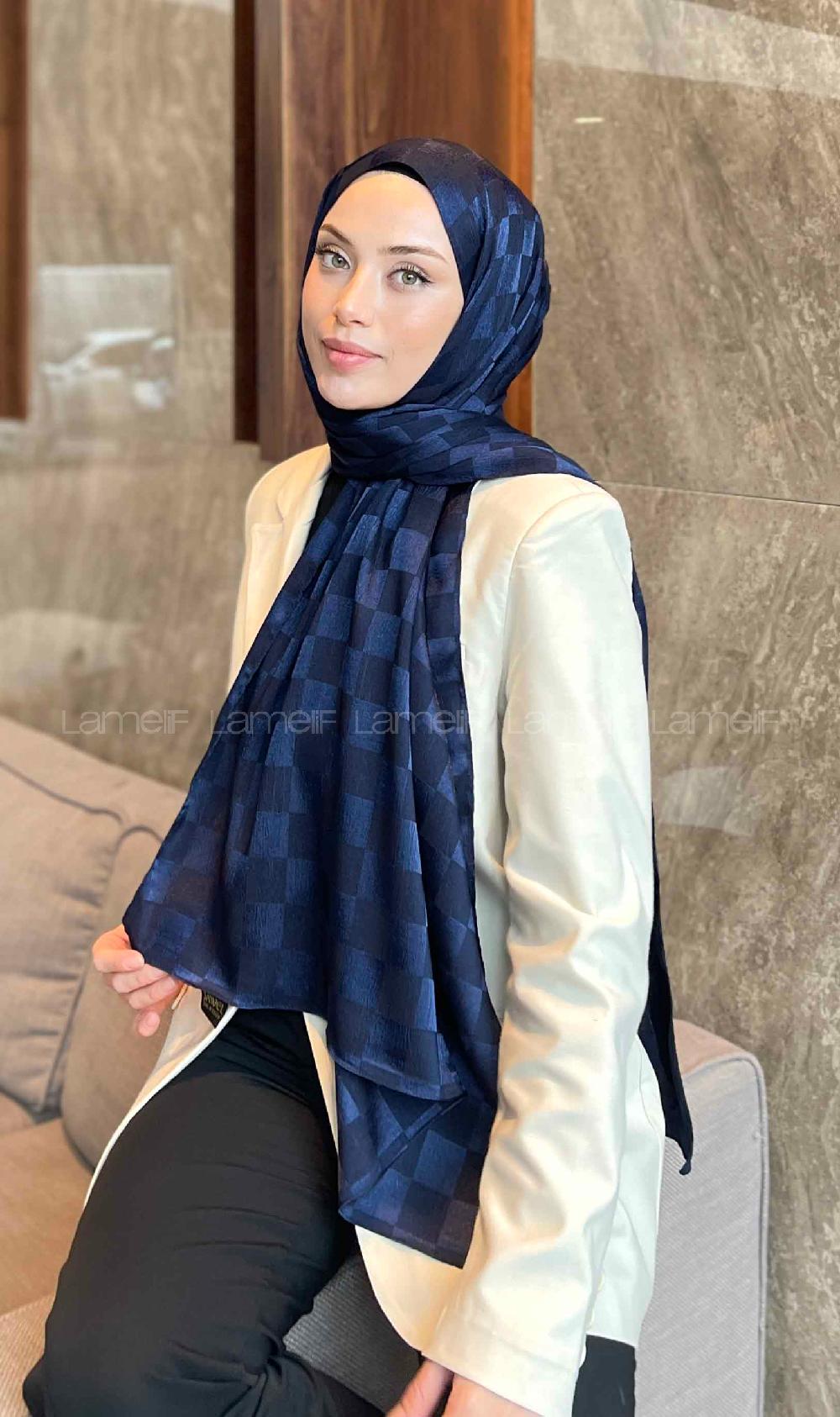 Lamelif Dama Desen Jakar Şal Lacivert