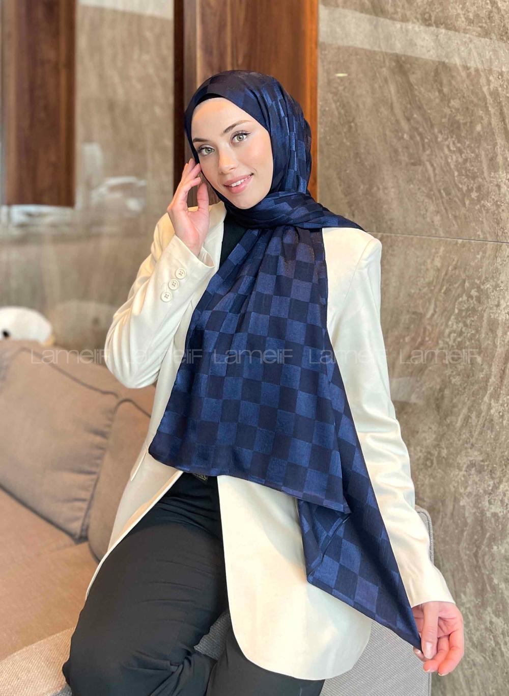 Lamelif Dama Desen Jakar Şal Lacivert