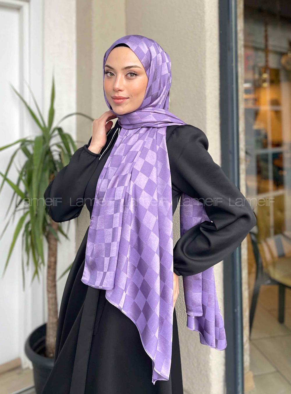 Lamelif Dama Desen Jakar Şal Lavanta