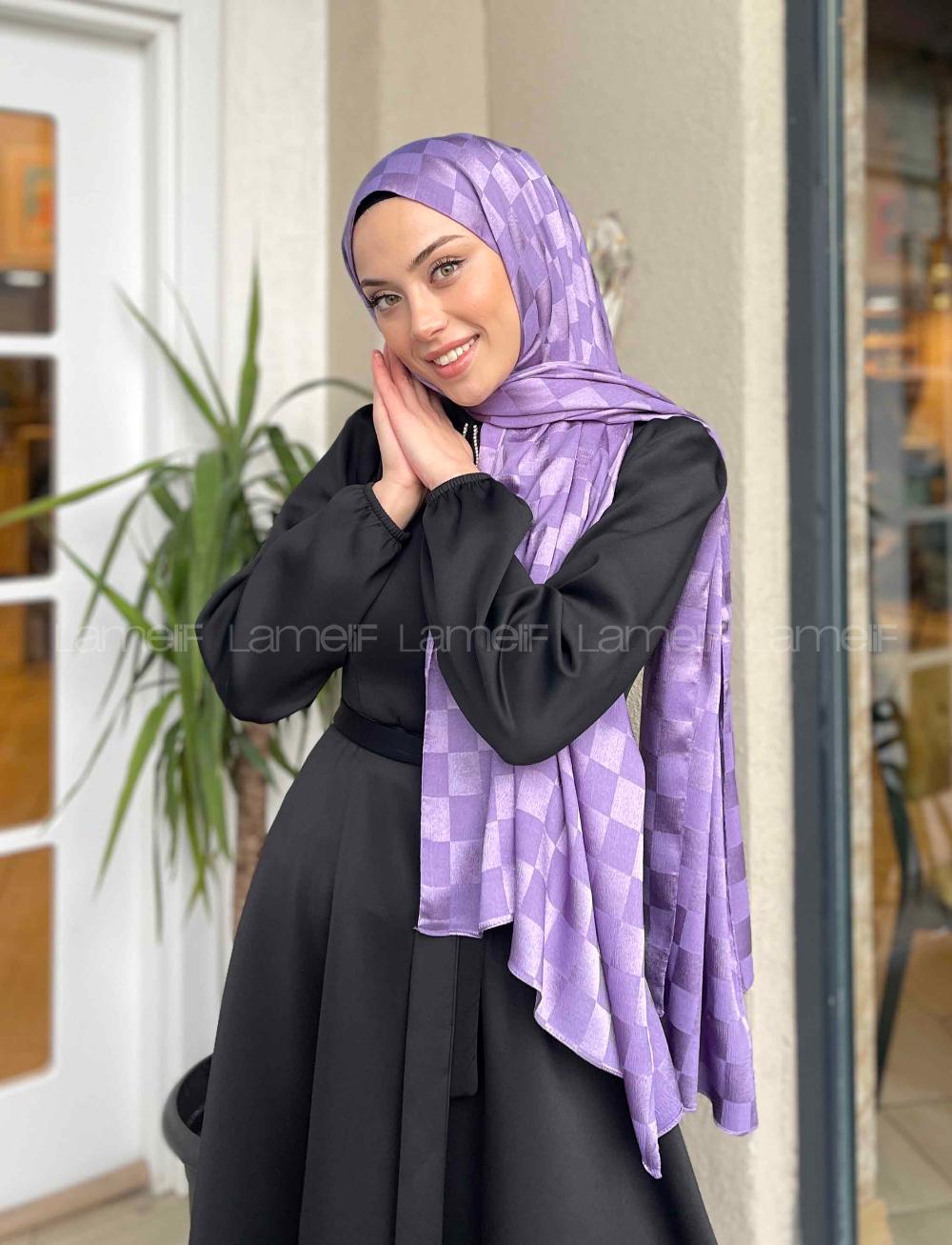 Lamelif Dama Desen Jakar Şal Lavanta