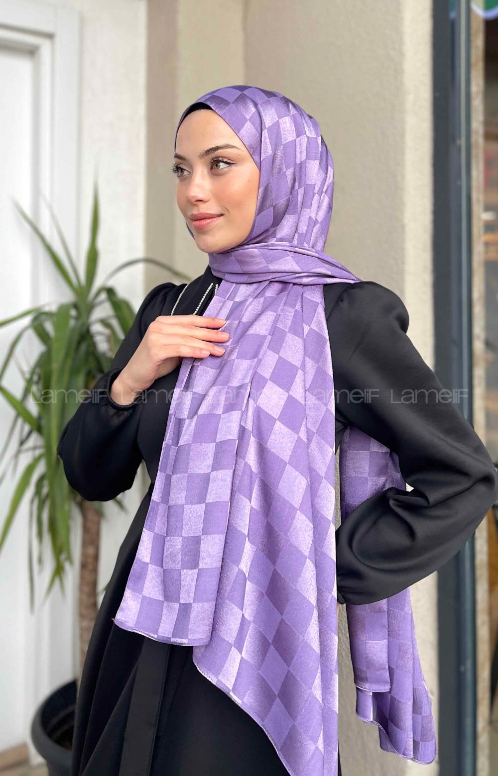 Lamelif Dama Desen Jakar Şal Lavanta