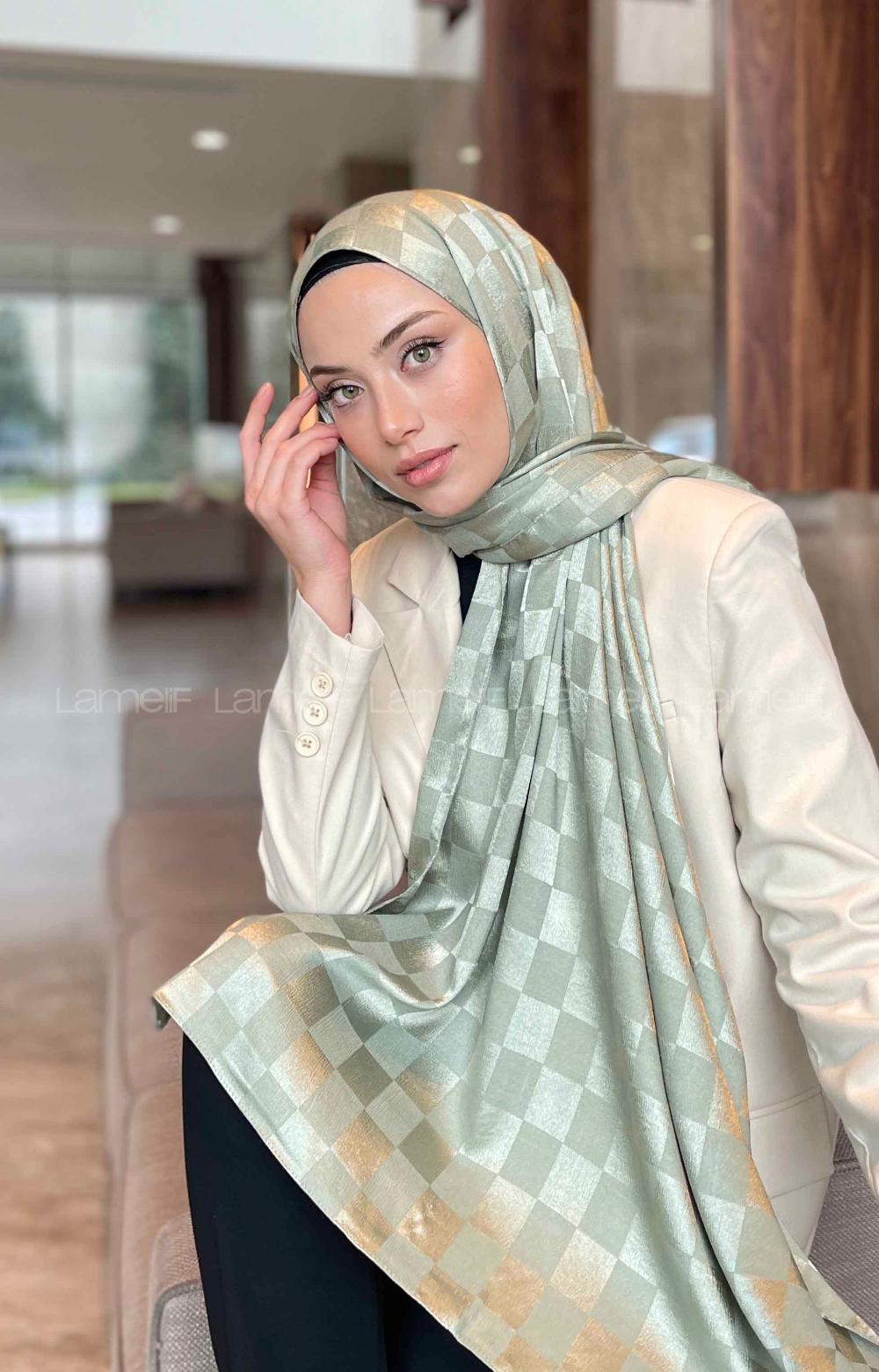 Lamelif Dama Desen Jakar Şal Mint Yeşili