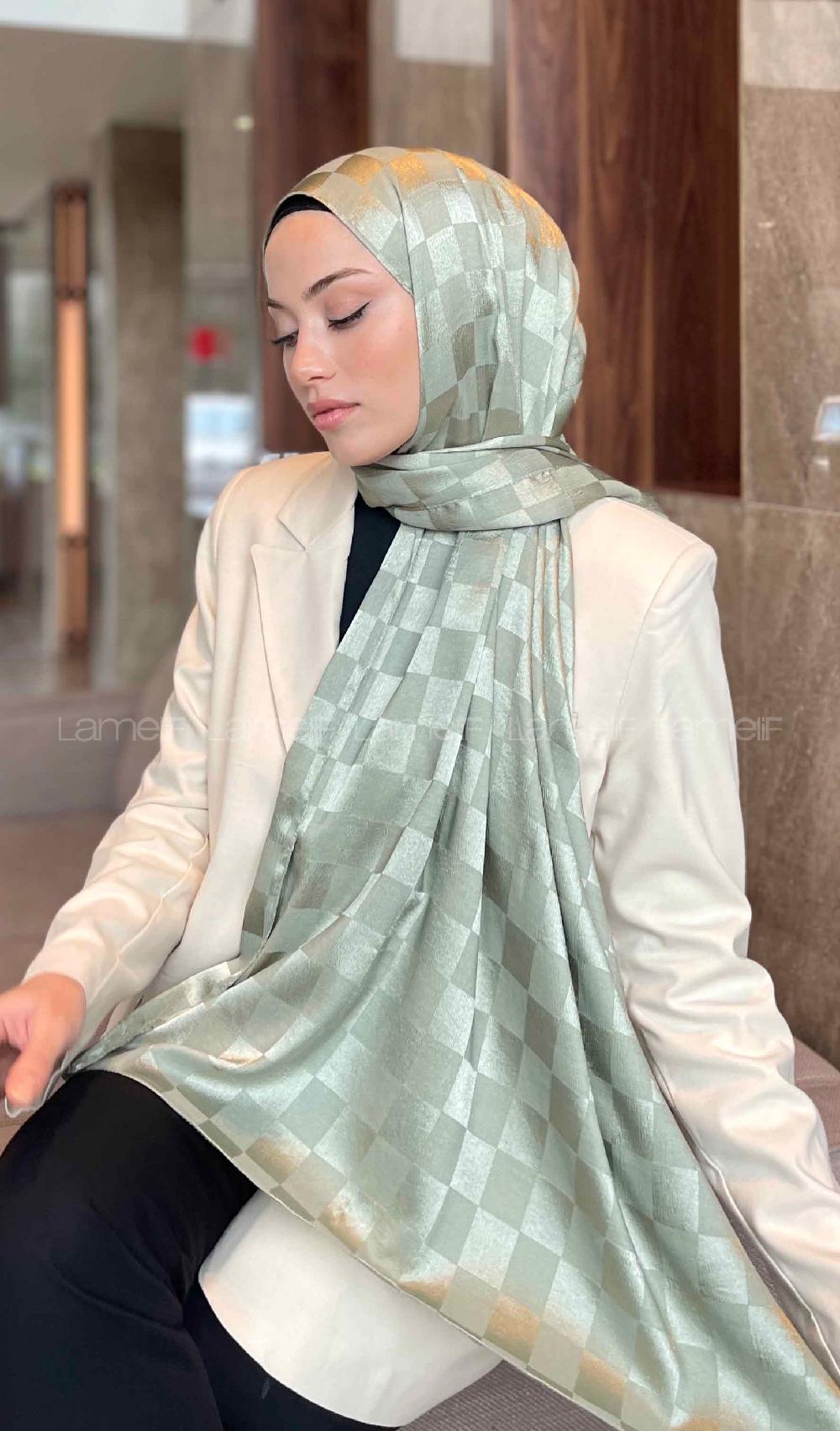 Lamelif Dama Desen Jakar Şal Mint Yeşili