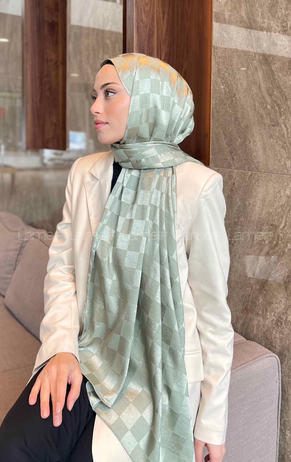 Lamelif Dama Desen Jakar Şal Mint Yeşili