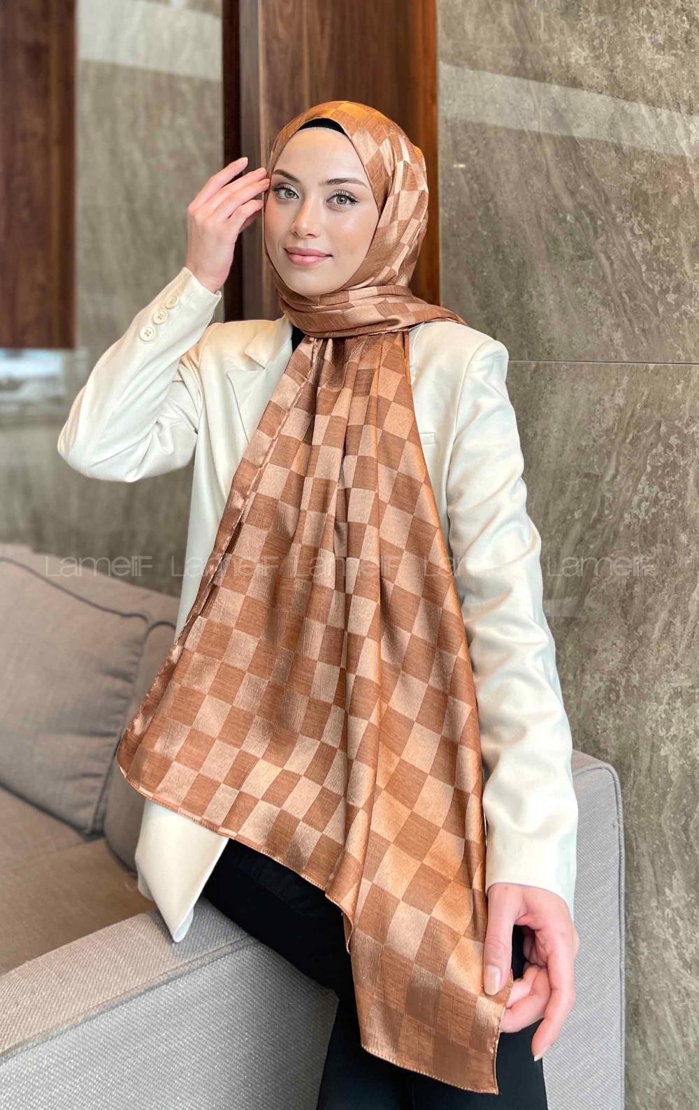 Lamelif Dama Desen Jakar Şal Tarçın