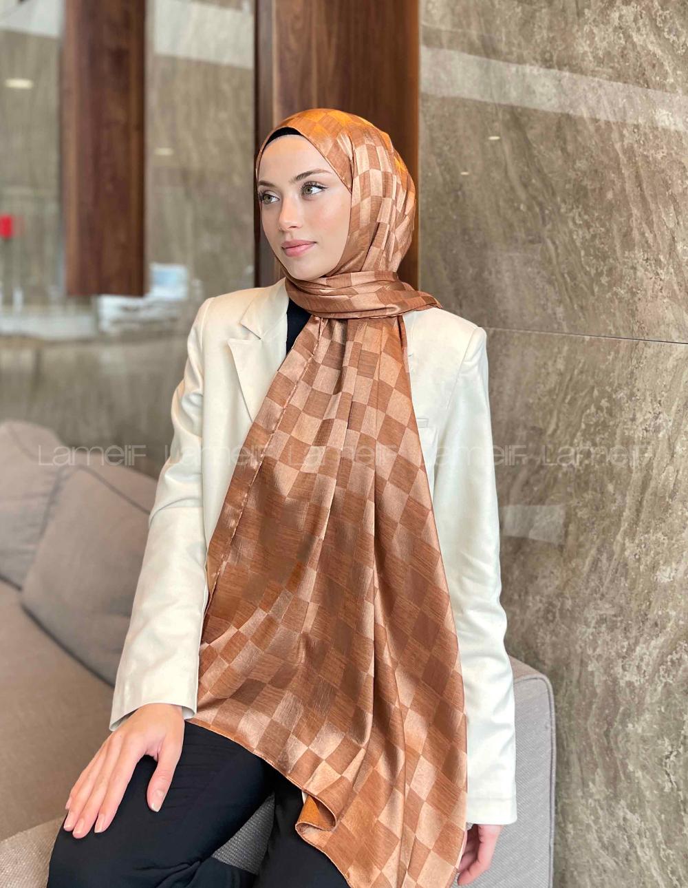 Lamelif Dama Desen Jakar Şal Tarçın