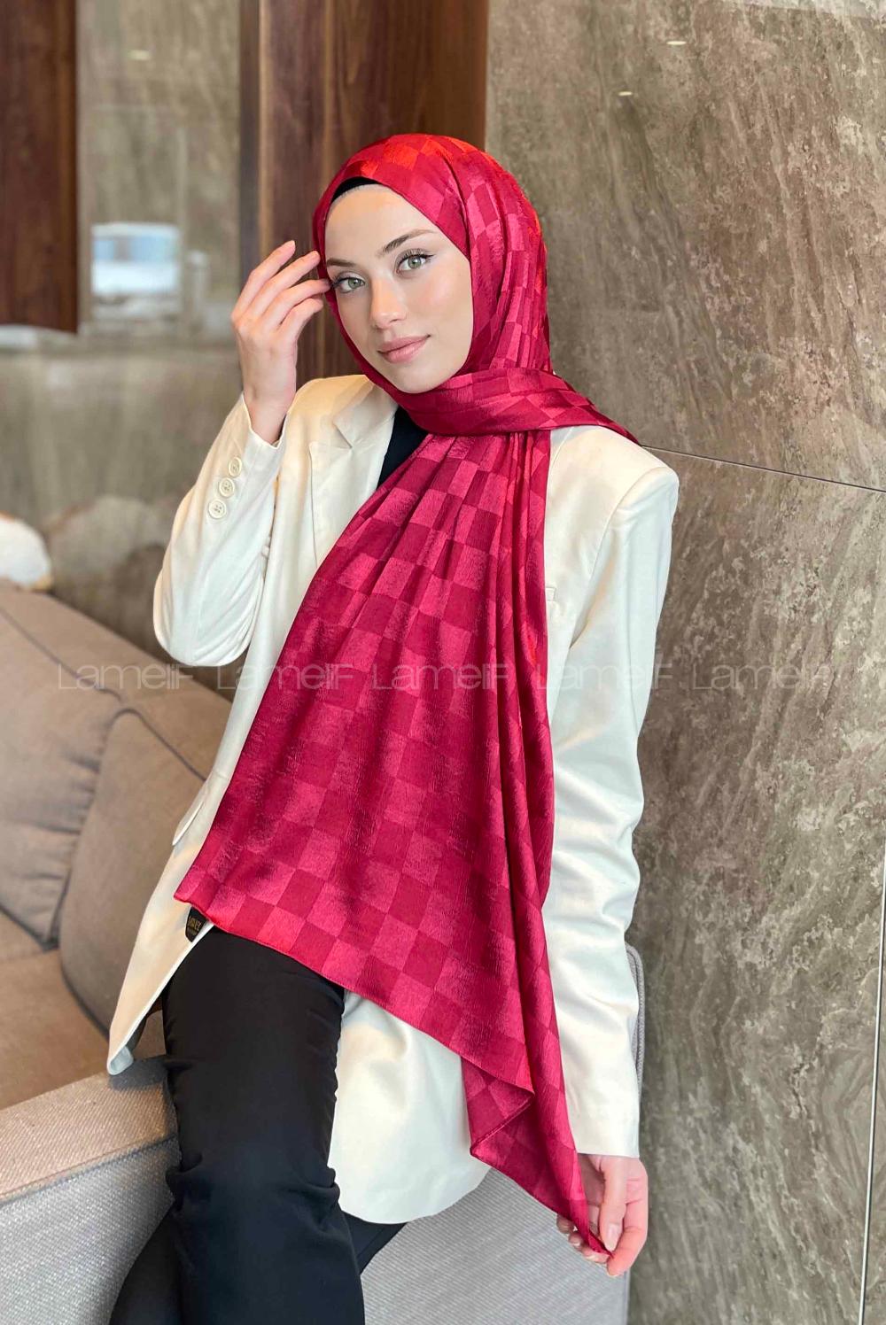 Lamelif Dama Desen Jakar Şal Vişne