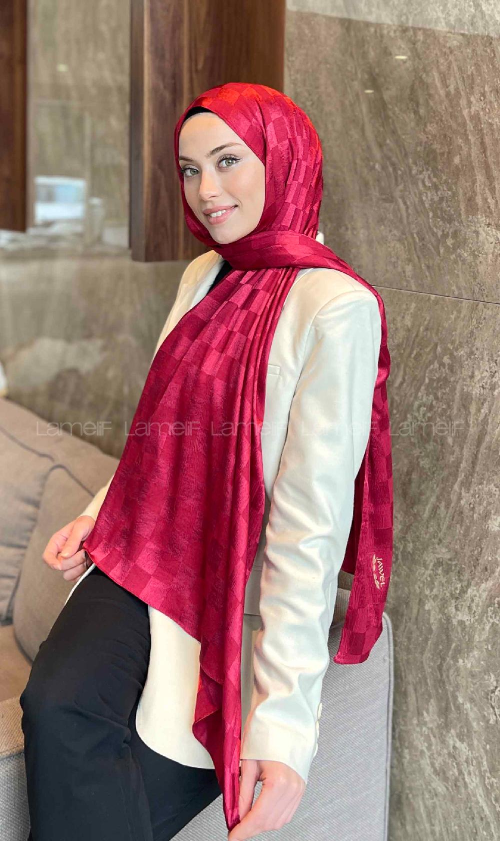 Lamelif Dama Desen Jakar Şal Vişne