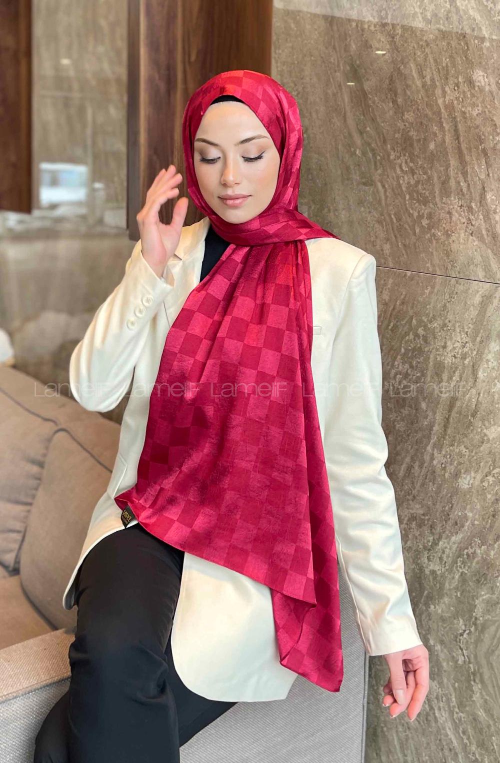 Lamelif Dama Desen Jakar Şal Vişne