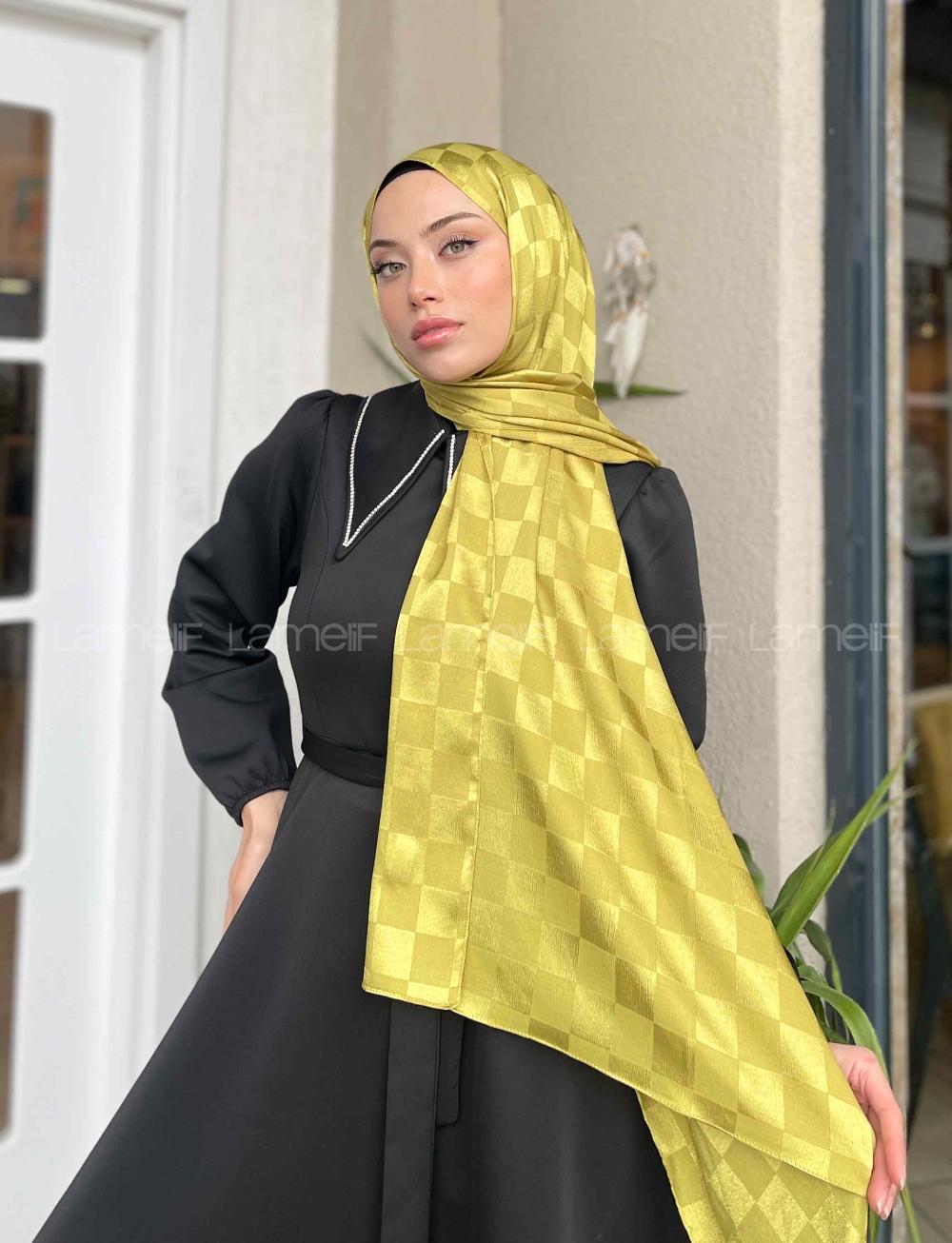 Lamelif Dama Desen Jakar Şal Yağ Yeşili