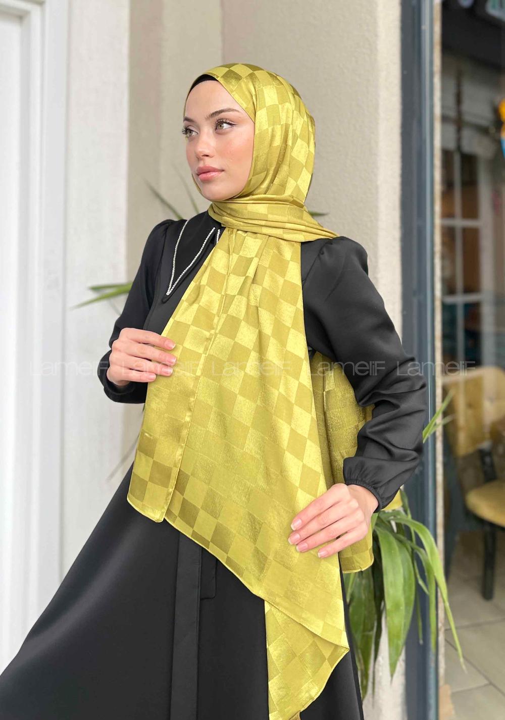 Lamelif Dama Desen Jakar Şal Yağ Yeşili