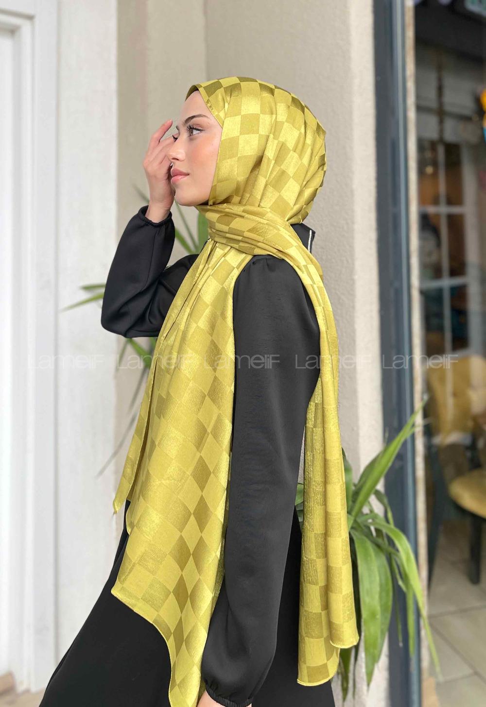 Lamelif Dama Desen Jakar Şal Yağ Yeşili