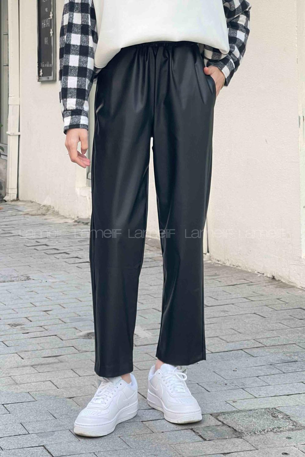 Black Faux Leather High Waist Elastic Waist Comfortable Pants