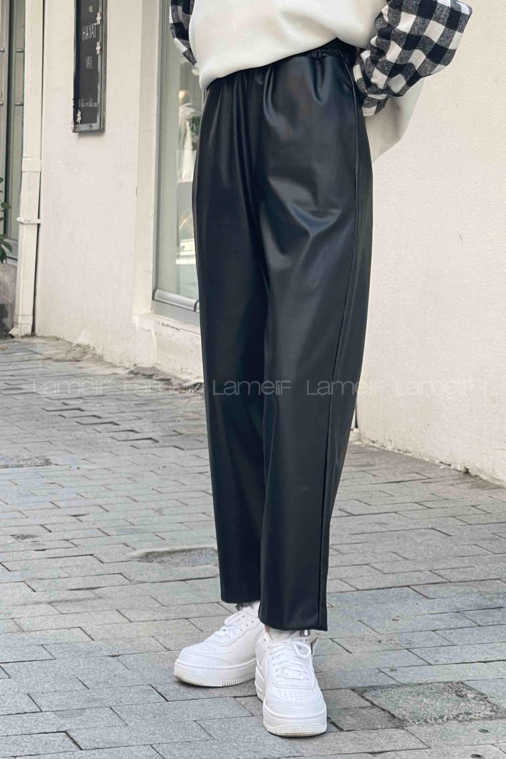 Black Faux Leather High Waist Elastic Waist Comfortable Pants