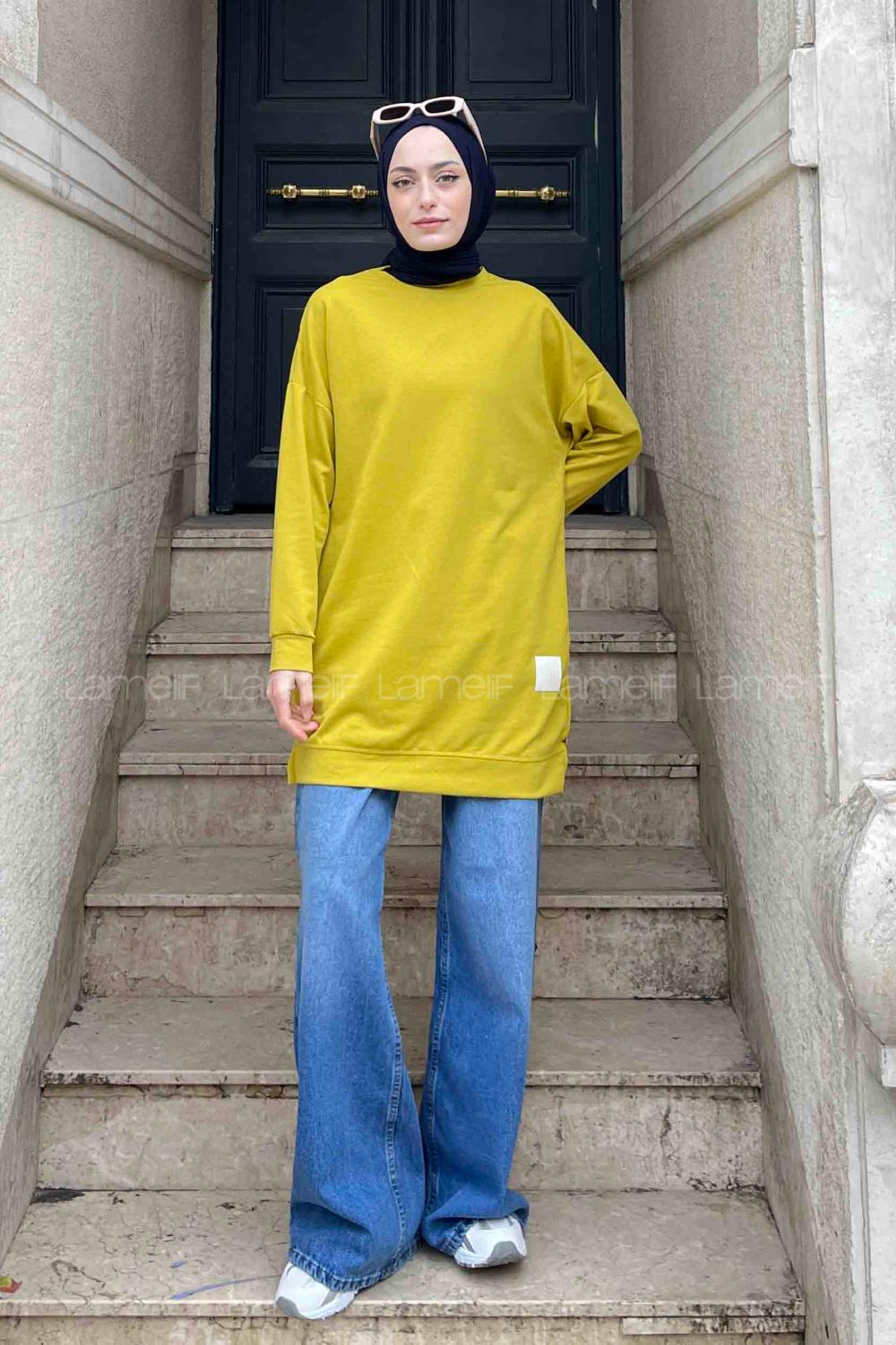 Lamelif Bisiklet Yaka Arma Detaylı Tunik Yağ Yeşili