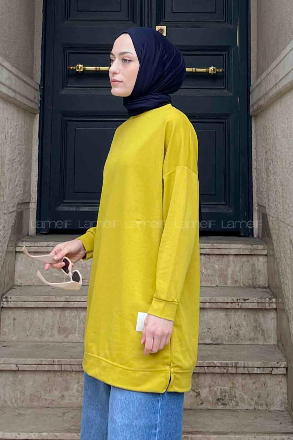 Lamelif Bisiklet Yaka Arma Detaylı Tunik Yağ Yeşili