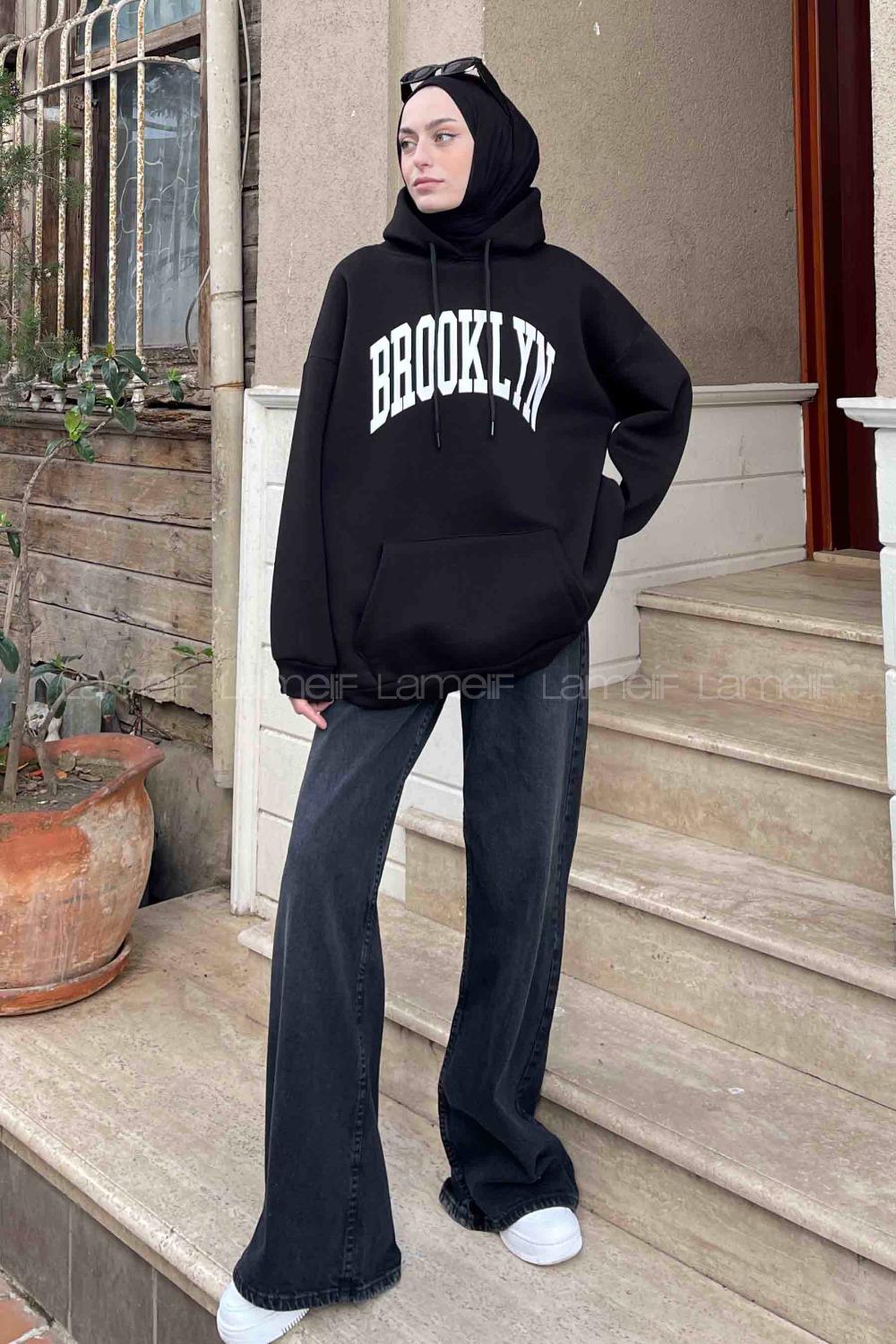 Lamelif Brooklyn Baskılı Oversize Cepli Sweatshirt Siyah