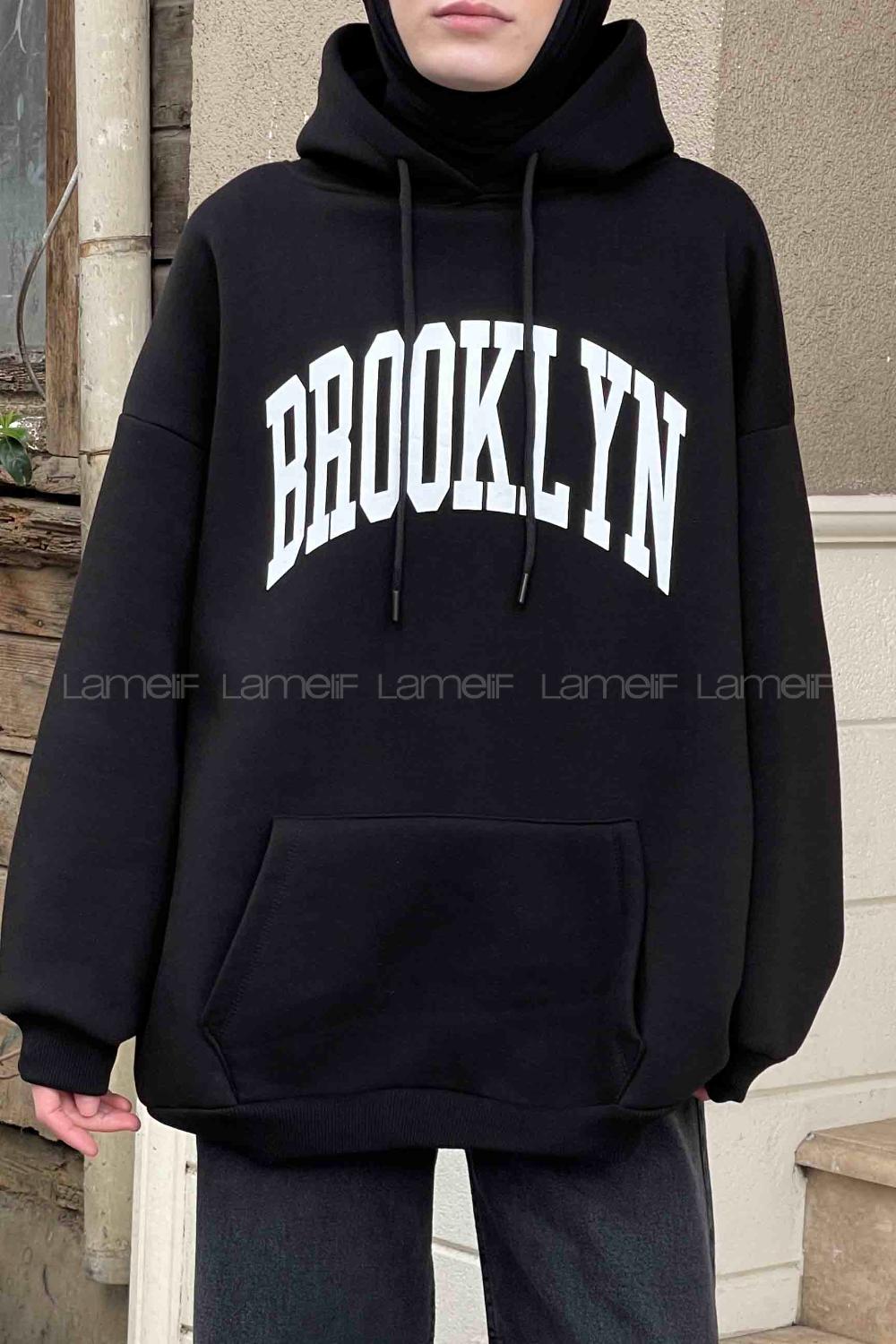 Lamelif Brooklyn Baskılı Oversize Cepli Sweatshirt Siyah