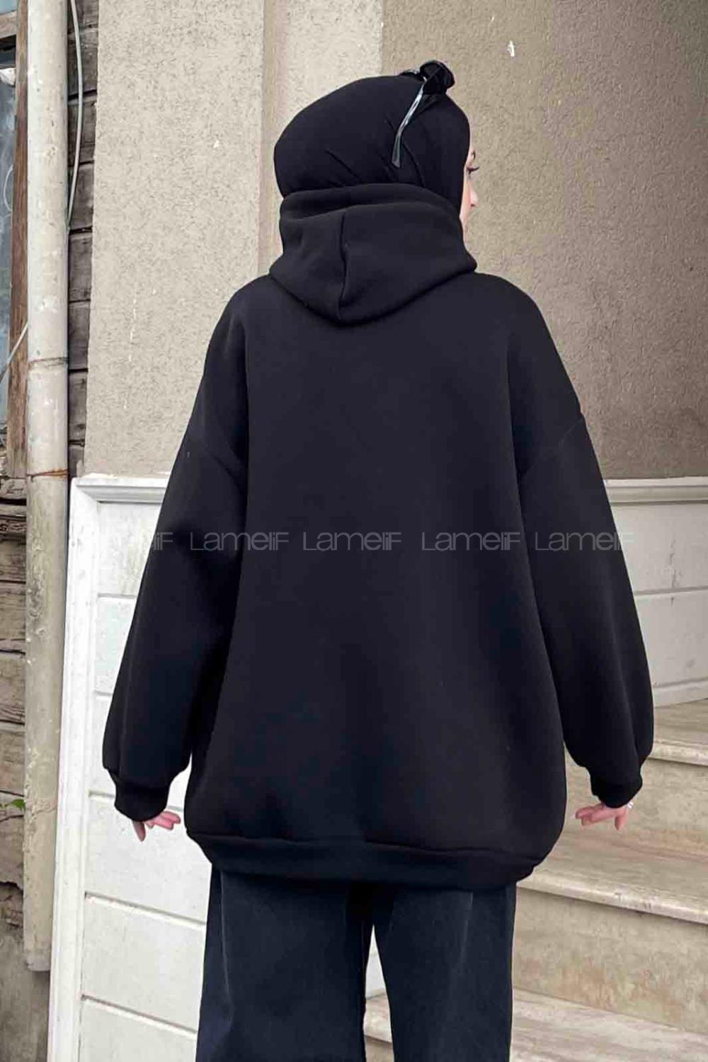 Lamelif Brooklyn Baskılı Oversize Cepli Sweatshirt Siyah