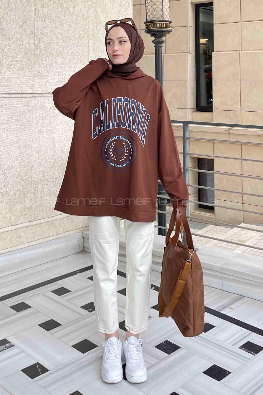 Bitter Brown Hood Neck Long Arm Printed Sweatshirt