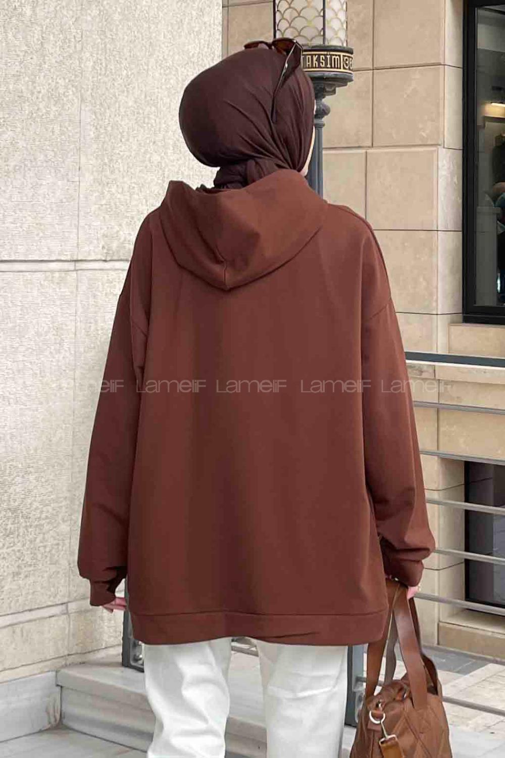 Bitter Brown Hood Neck Long Arm Printed Sweatshirt