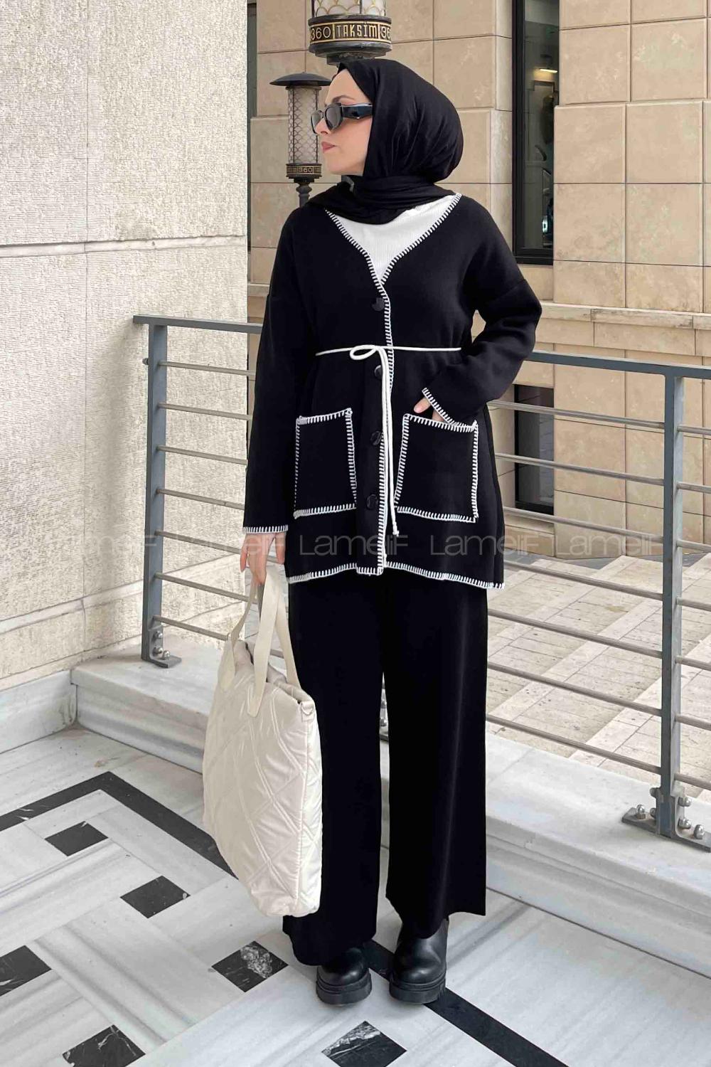 Lamelif Çoban Dikişli Triko Tesettür Takım Siyah