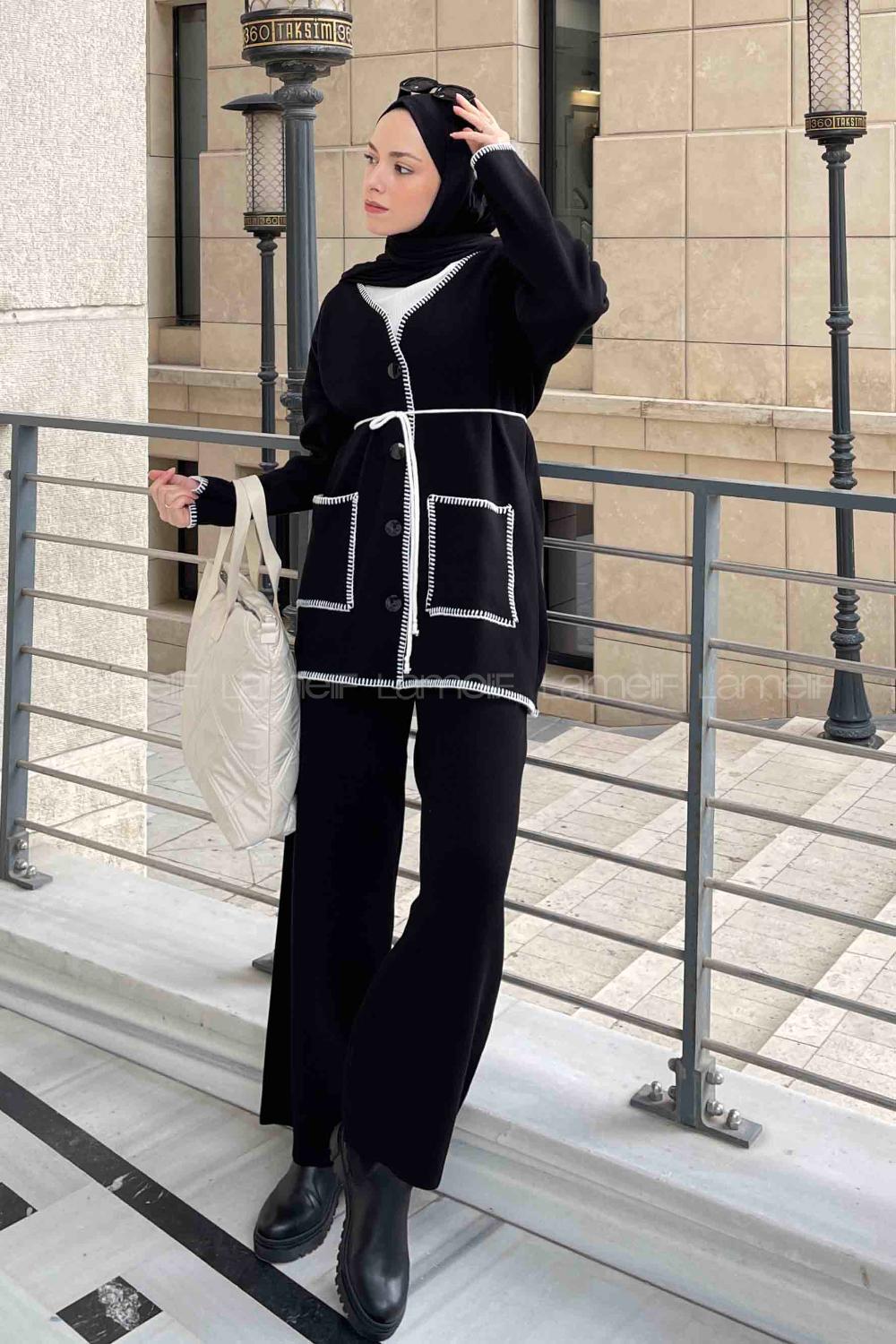 Lamelif Çoban Dikişli Triko Tesettür Takım Siyah