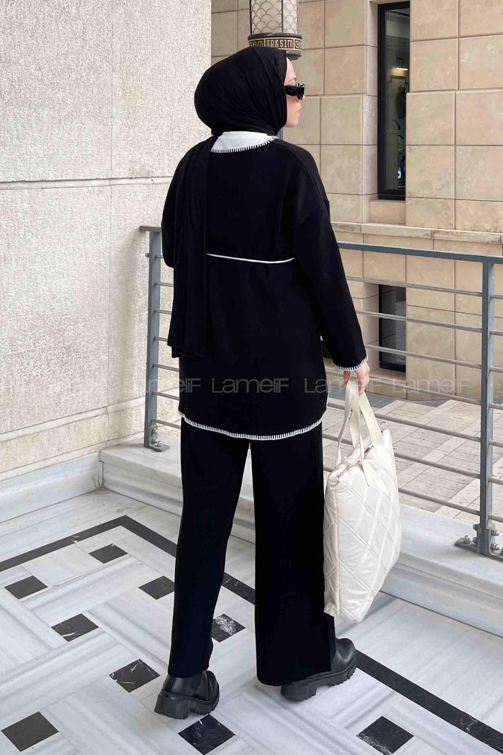 Lamelif Çoban Dikişli Triko Tesettür Takım Siyah