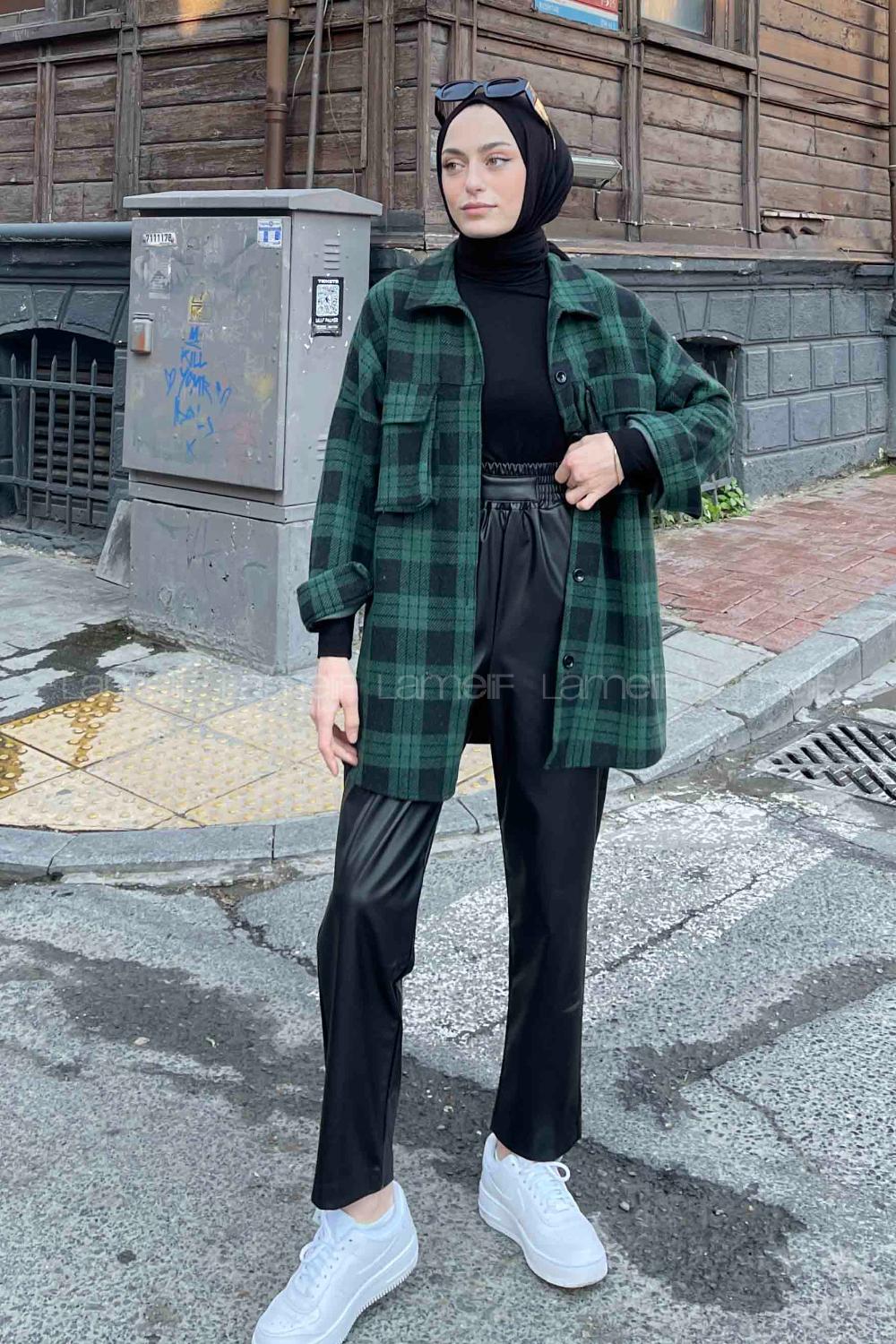 Modalamelif Ekose Desen Kapak Cep Detaylı Gömlek Yeşil