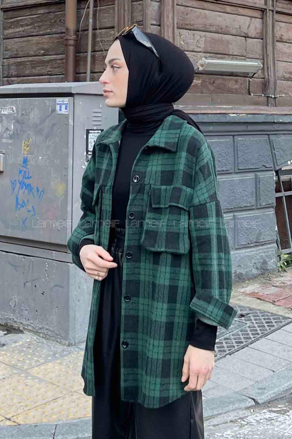 Modalamelif Ekose Desen Kapak Cep Detaylı Gömlek Yeşil