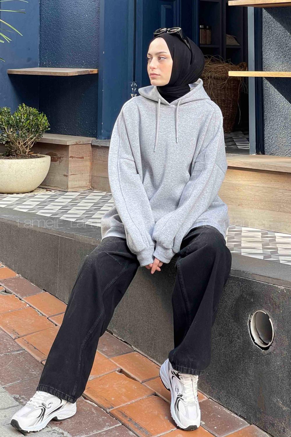 Lamelif Kapşonlu Oversize Yan Cepli Sweat Gri