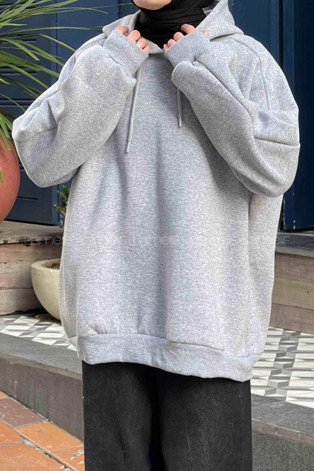 Lamelif Kapşonlu Oversize Yan Cepli Sweat Gri