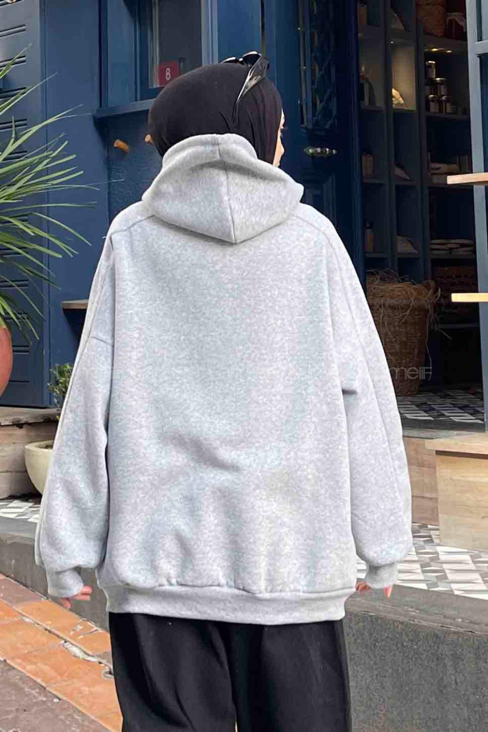 Lamelif Kapşonlu Oversize Yan Cepli Sweat Gri