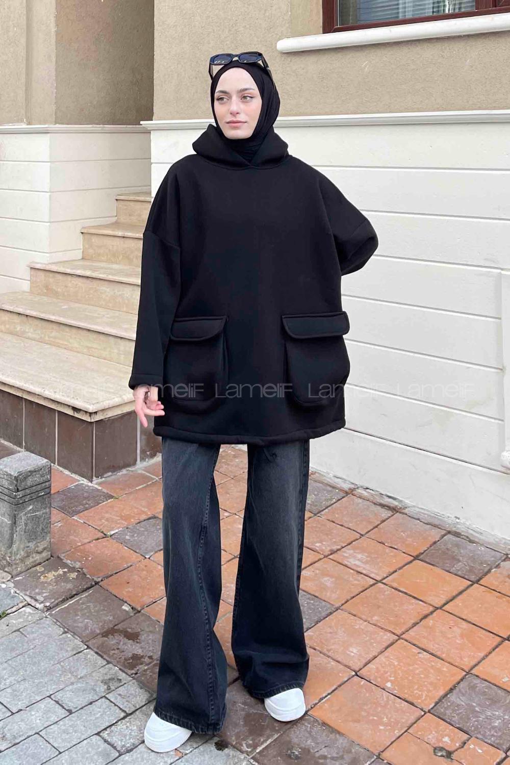 Lamelif Körük Cepli Sweatshirt Siyah