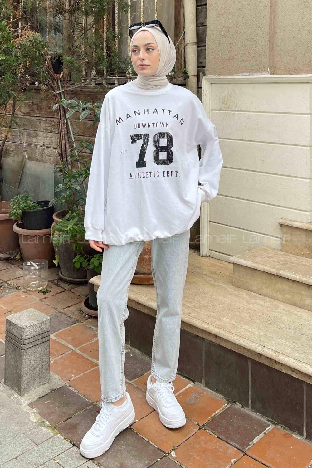 Lamelif Manhattan Baskılı Bisiklet Yaka Sweatshirt Beyaz