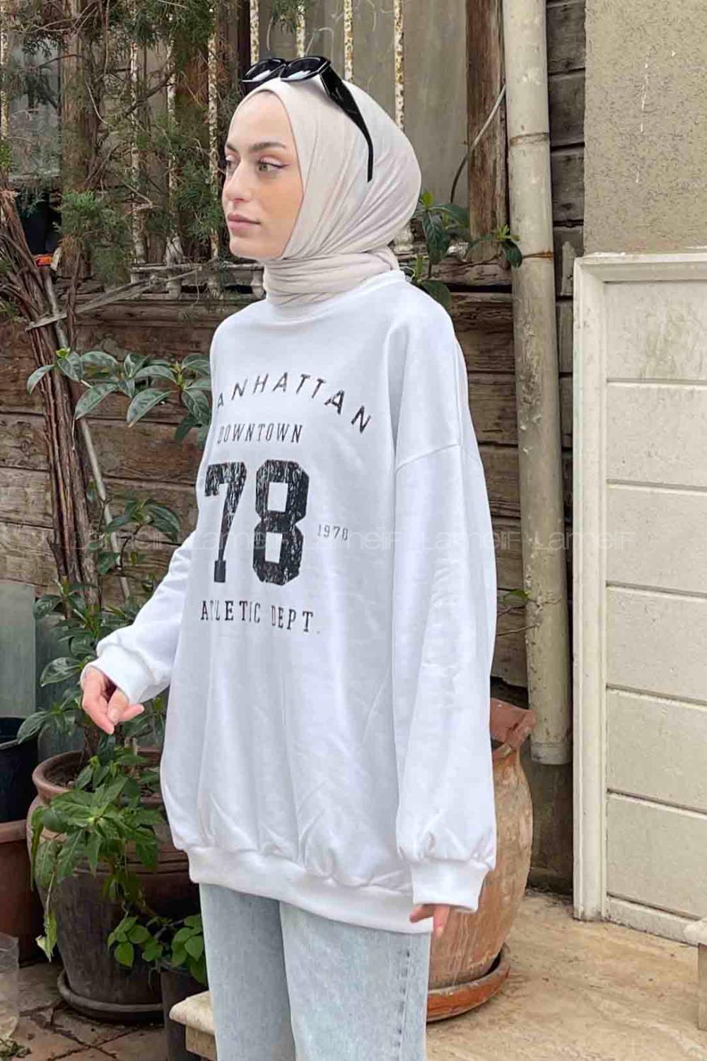 Lamelif Manhattan Baskılı Bisiklet Yaka Sweatshirt Beyaz