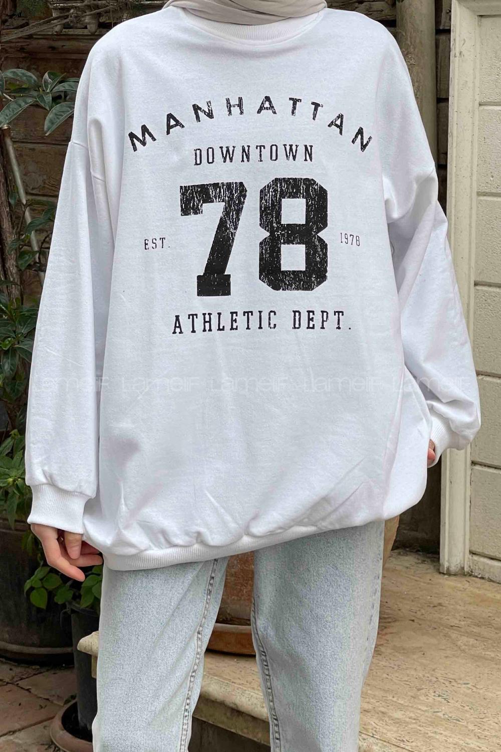 Lamelif Manhattan Baskılı Bisiklet Yaka Sweatshirt Beyaz