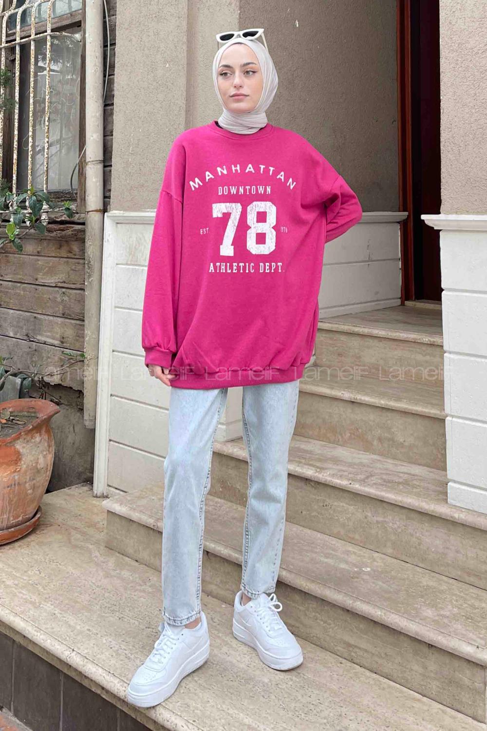 Lamelif Manhattan Baskılı Bisiklet Yaka Sweatshirt Fuşya