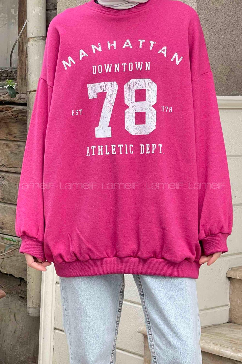 Lamelif Manhattan Baskılı Bisiklet Yaka Sweatshirt Fuşya