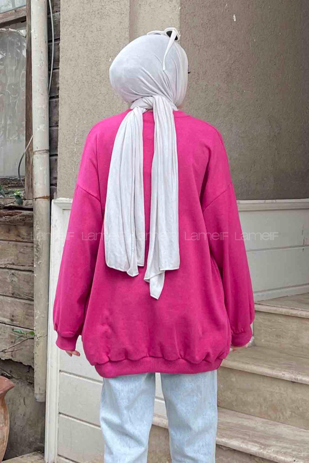 Lamelif Manhattan Baskılı Bisiklet Yaka Sweatshirt Fuşya