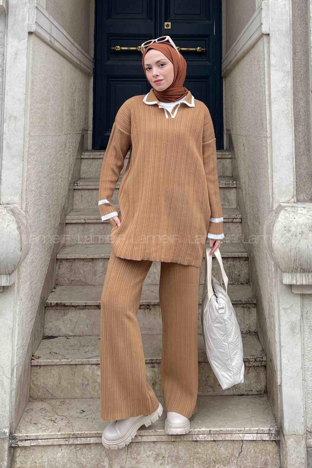 Camel Scarf Neck Knitwear Regular Trousers Comfortable Suit