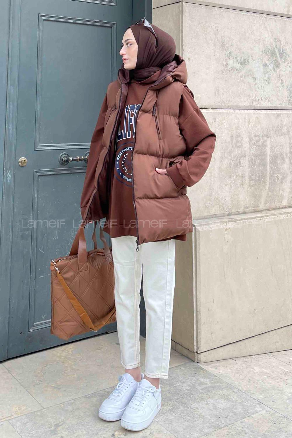 Brown Hood Neck Zero Arm Without Accessories Cotton Unprinted Vest