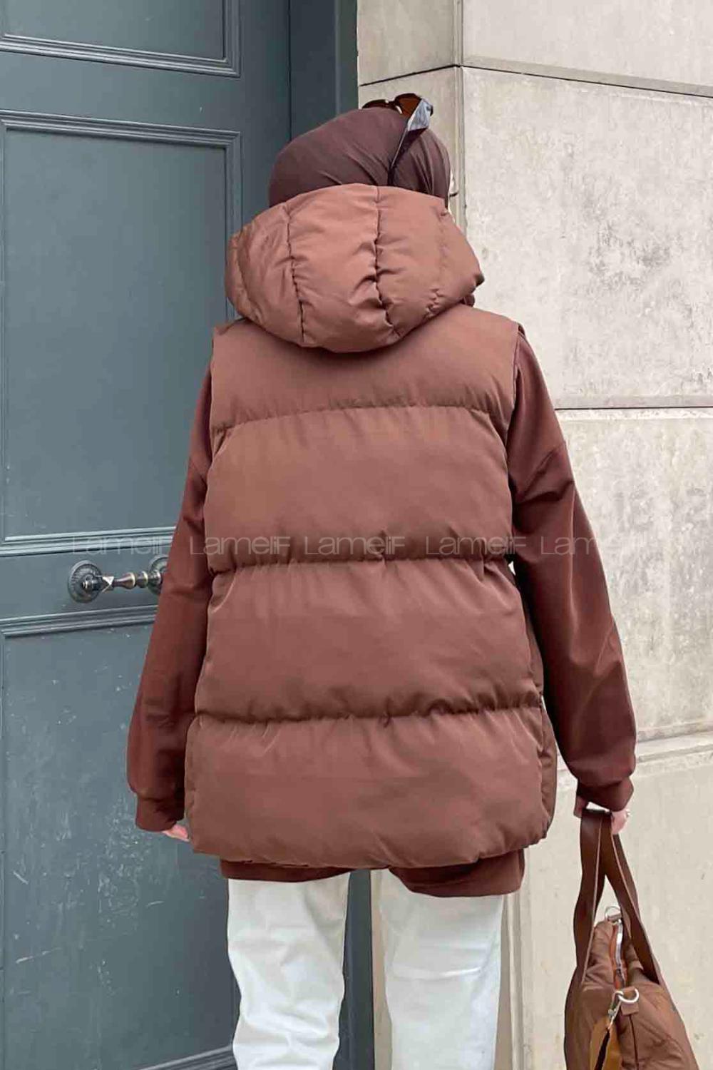 Brown Hood Neck Zero Arm Without Accessories Cotton Unprinted Vest