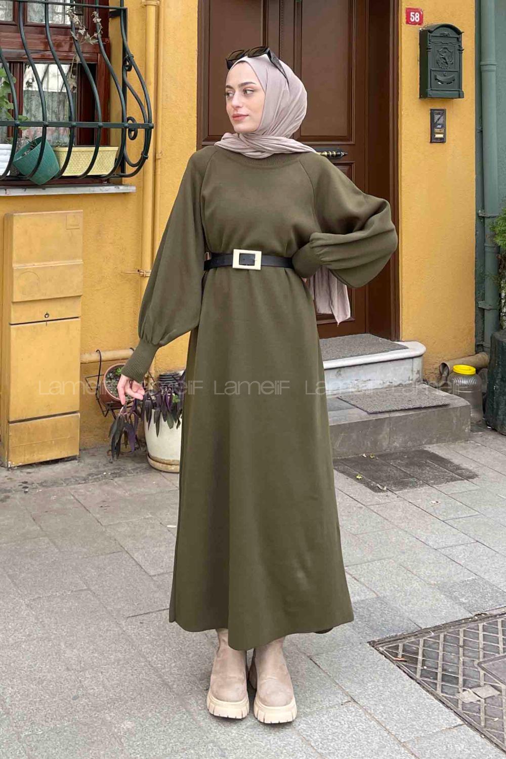 Lamelif Balon Kol Triko Elbise Haki