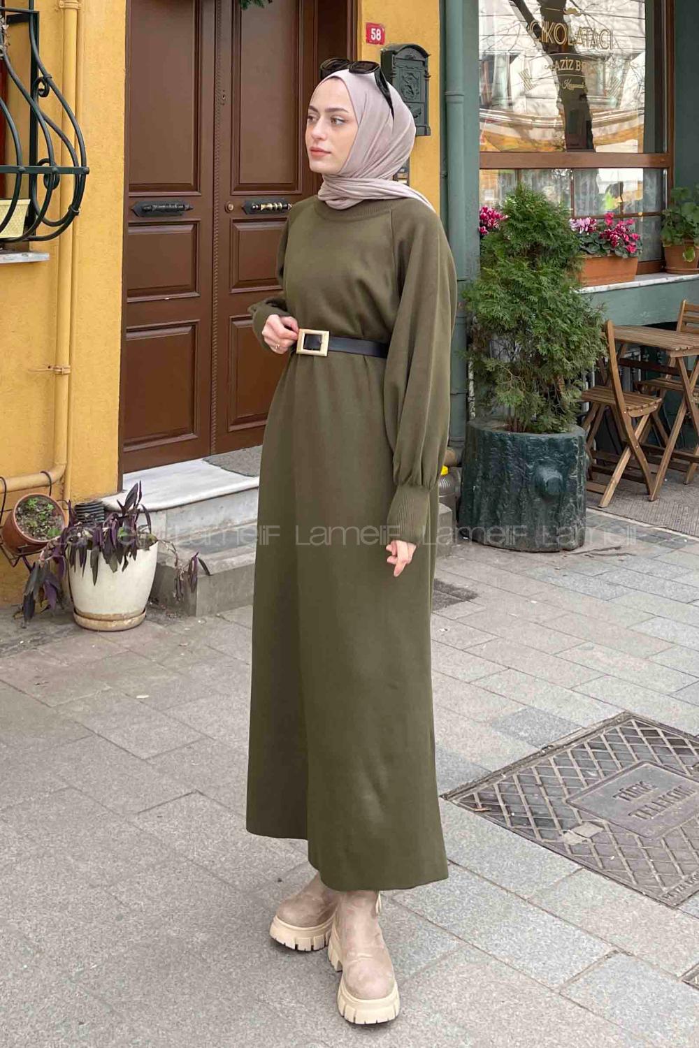 Lamelif Balon Kol Triko Elbise Haki