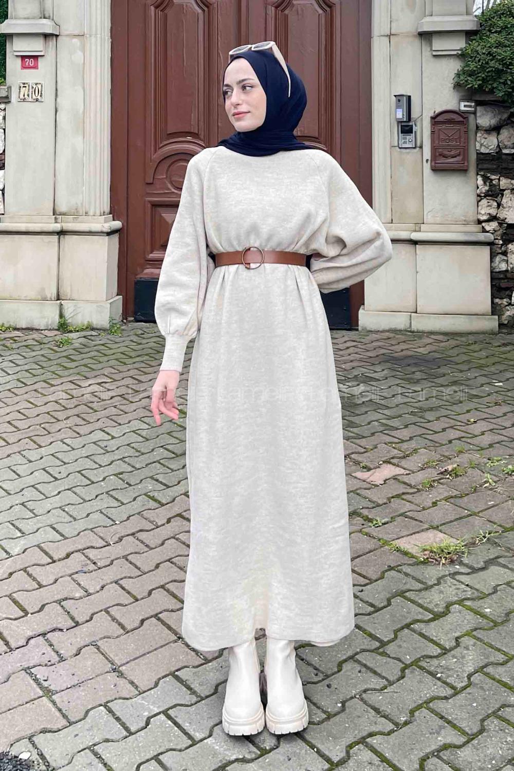 Lamelif Balon Kol Triko Elbise Krem