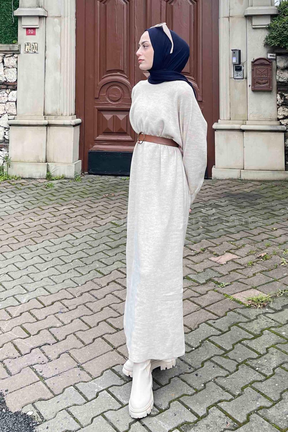 Lamelif Balon Kol Triko Elbise Krem