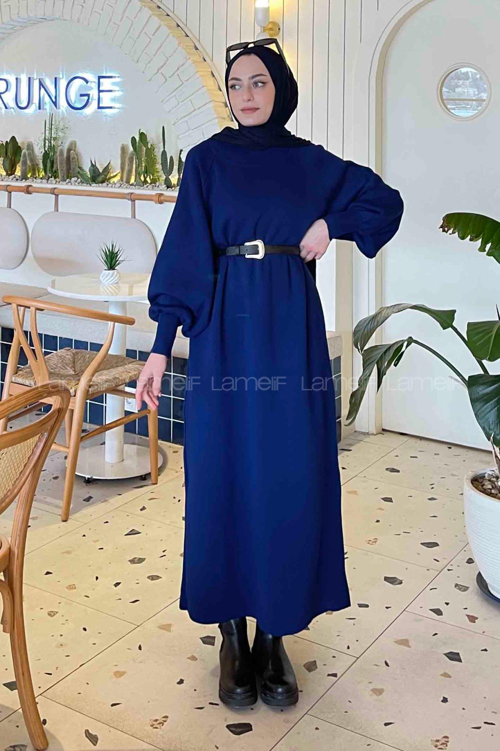 Lamelif Balon Kol Triko Tesettür Elbise Lacivert