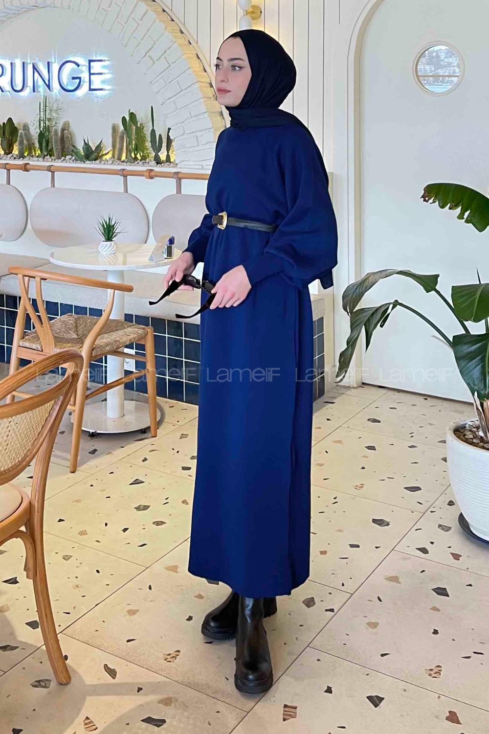 Lamelif Balon Kol Triko Tesettür Elbise Lacivert