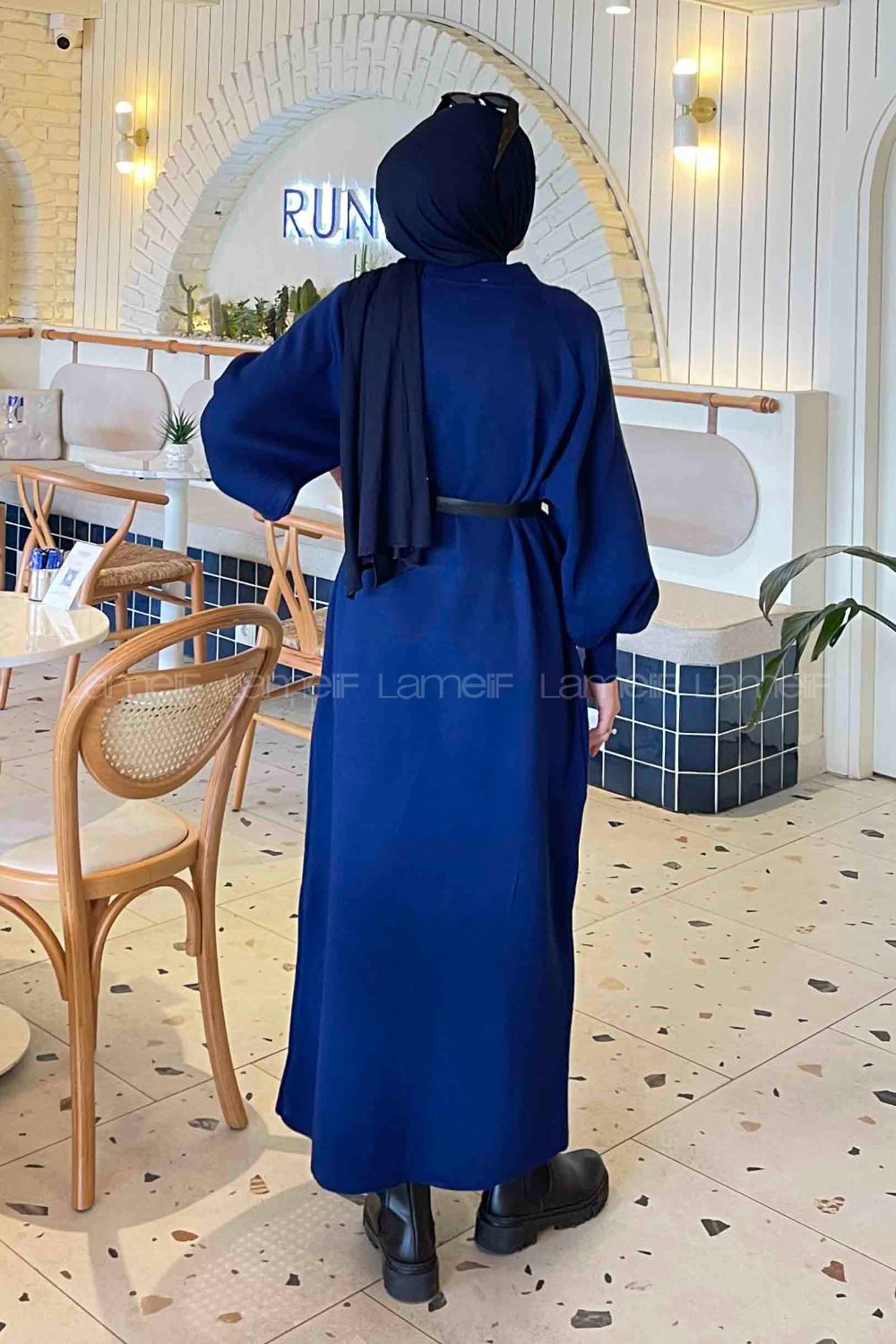 Lamelif Balon Kol Triko Tesettür Elbise Lacivert